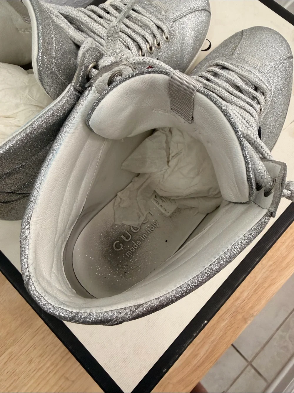 Gucci Silver High-Top unisex Sneakers with Red & Blue Stripe